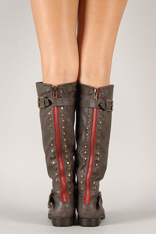 Bamboo Contrast Zipper Studded Riding Knee High Boot