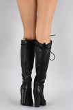 Qupid Round Toe Lace Up Heeled Combat Knee High Boot