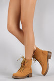 Bamboo Shearling Cuff Round Toe Lace Up Combat Work Ankle Boots