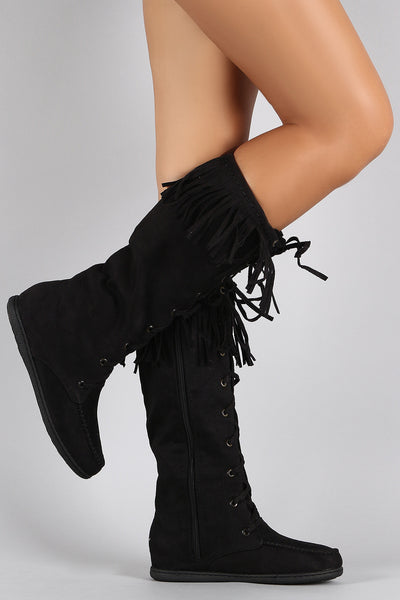 Soda Suede Fringe Round Toe Lace Up Moccasin Flat Boots