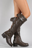 Bamboo Fold Over Cuff Contrast Zipper Studded Riding Knee High Boot