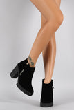 Velvet Pointy Toe Zip Up Lug Sole Platform Heeled Booties