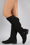 Bamboo Quilted Suede Zipper Trim Riding Knee High Boots