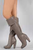 Bamboo Cuff Elastic Gore Chunky Heeled Knee High Boots